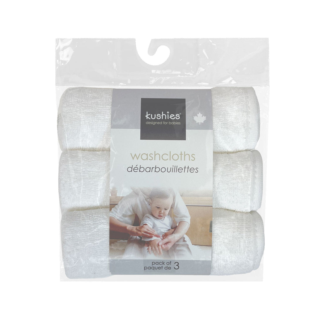 Pack of 3 white baby washcloths in clear packaging, labeled for babies and bath time use