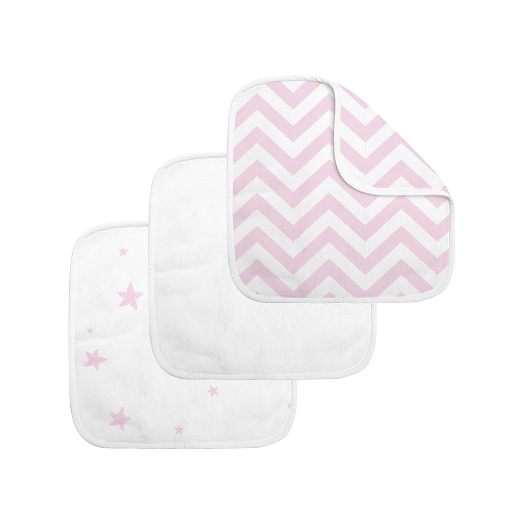 Set of three baby washcloths in white with pink stars and chevron pattern