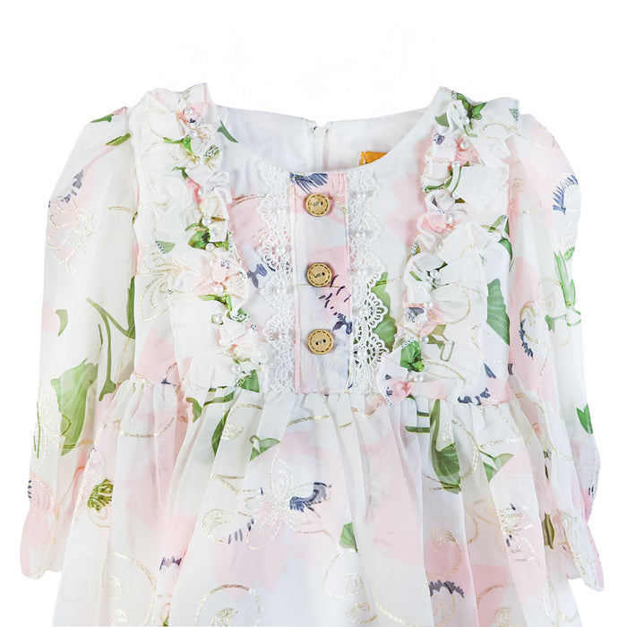 Girls Floral Flowy Dress with Ruffles – Elegant Lace Detail Dress (Ages 2–14)