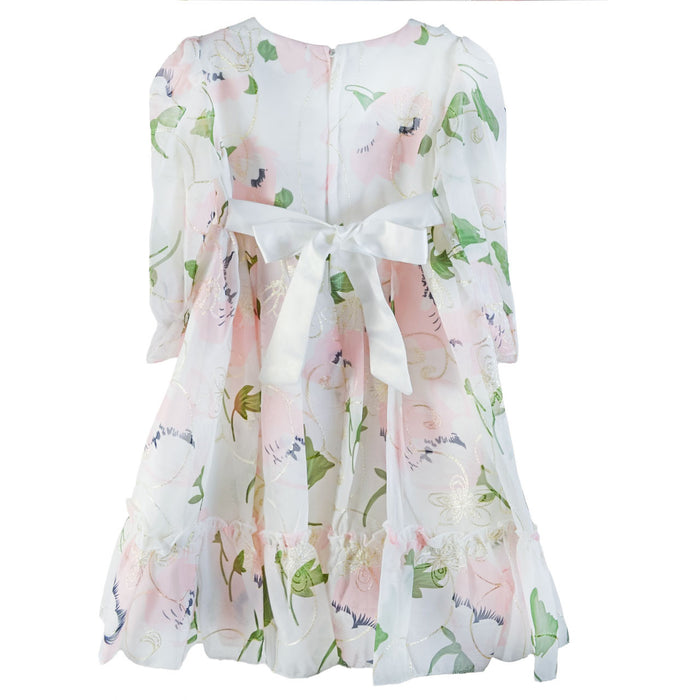 Girls Floral Flowy Dress with Ruffles – Elegant Lace Detail Dress (Ages 2–14)