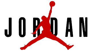 Red Jumpman silhouette logo leaping with basketball over black JORDAN text