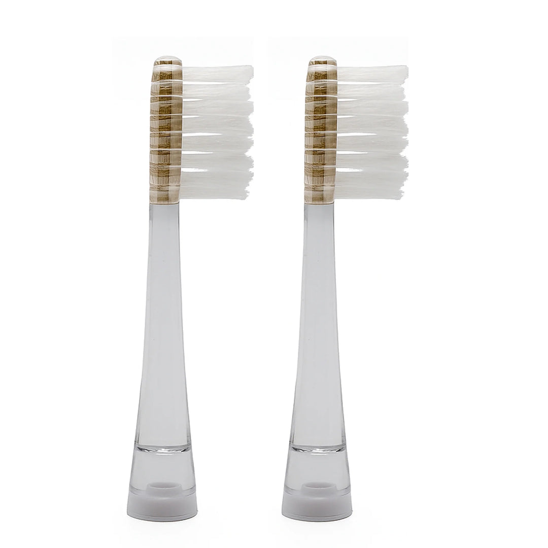 Two bamboo electric toothbrush replacement heads with soft white bristles on a white background
