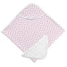 Pink and white chevron baby hooded towel laid flat on a white background.