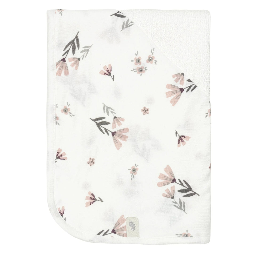 Baby hooded bamboo towel with pink floral print on white background