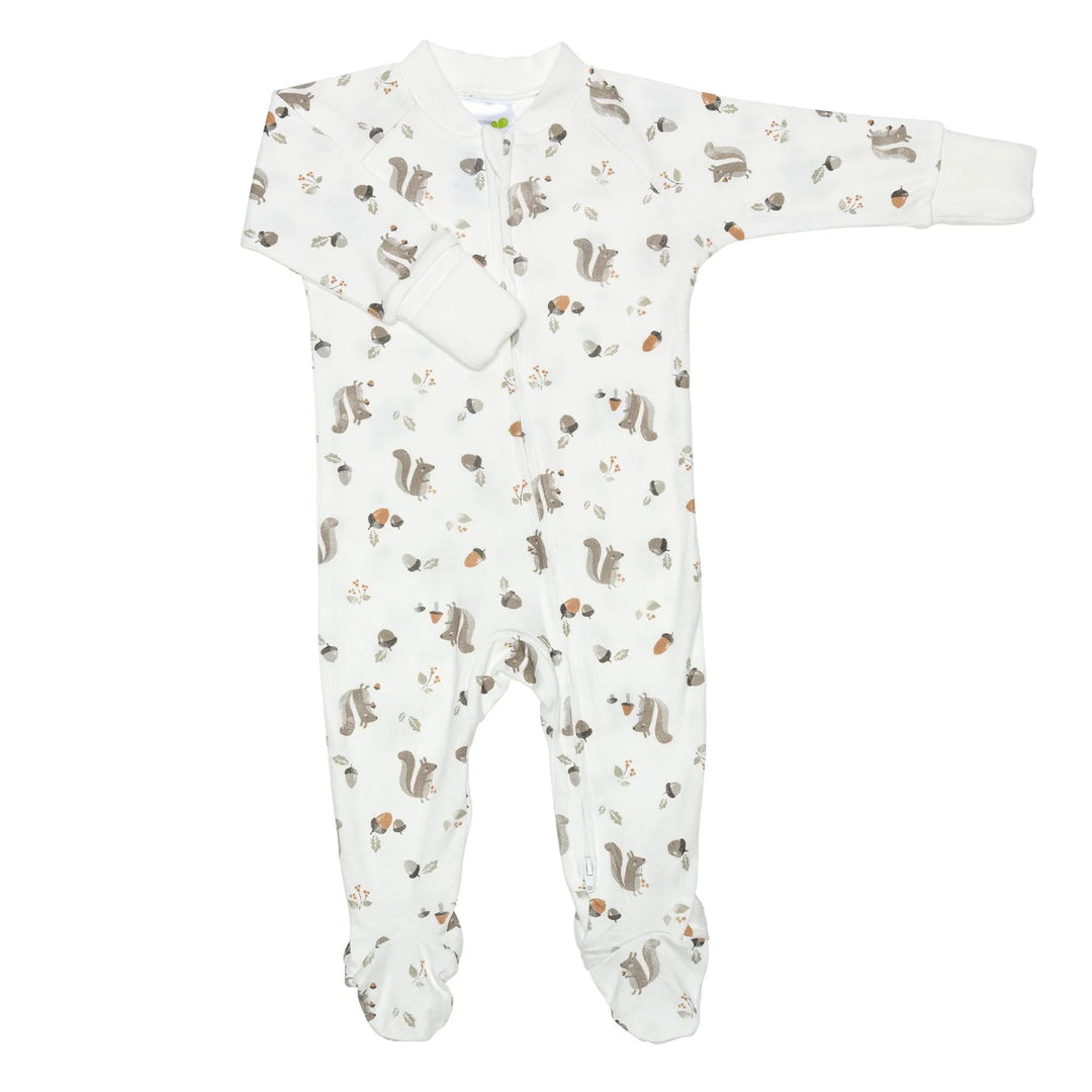 White bamboo baby sleeper pyjama with squirrel and acorn print, front zipper, long sleeves
