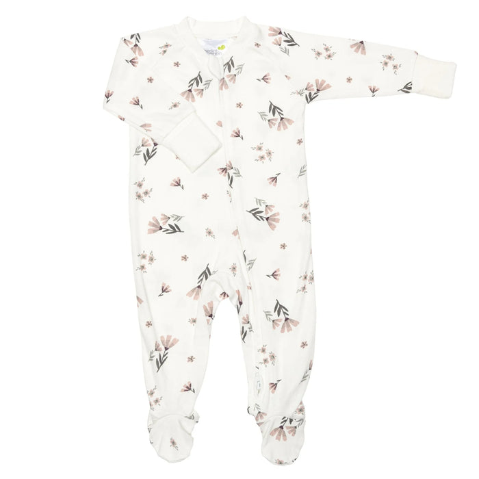 White bamboo baby sleeper pajama with soft pink floral print and zipper closure