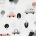 White fabric with a playful pattern of small cars, trees, and mountains in muted gray, black, and  orange.