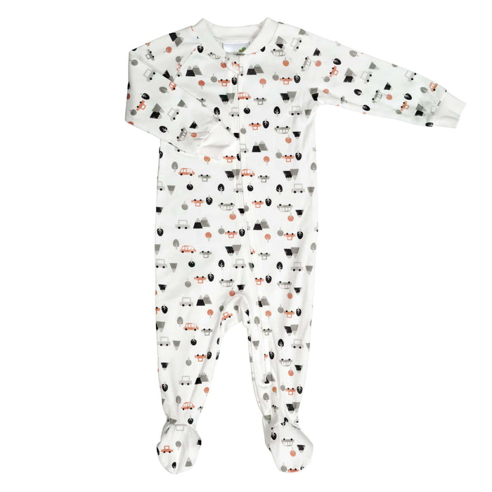 A baby footed sleeper with long sleeves and legs, featuring an all-over print of small cars on a white background.