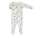 A baby footed sleeper with long sleeves and legs, featuring an all-over print of small cars on a white background.