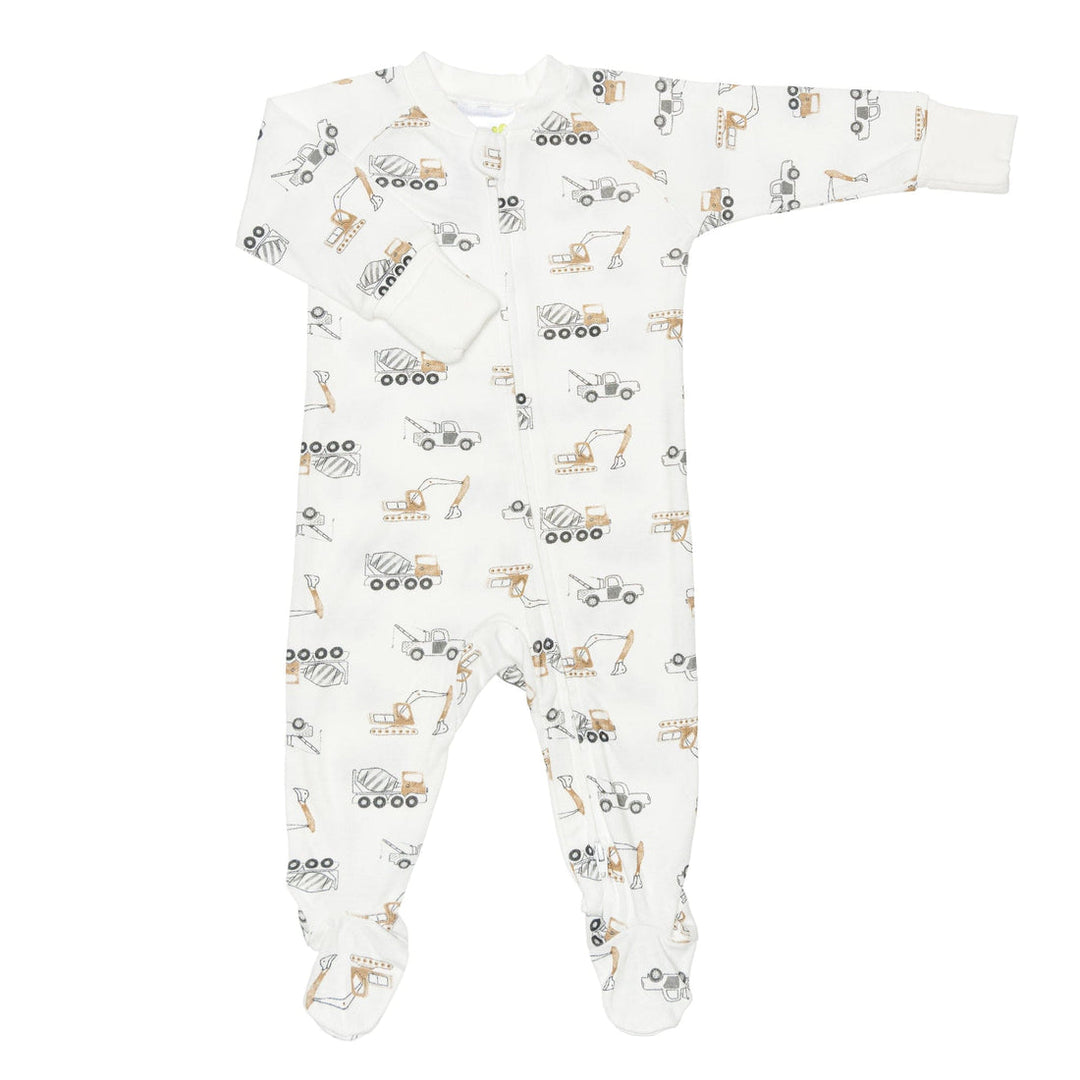 Baby onesie with construction vehicle pattern on a white background