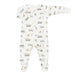 Baby onesie with construction vehicle pattern on a white background