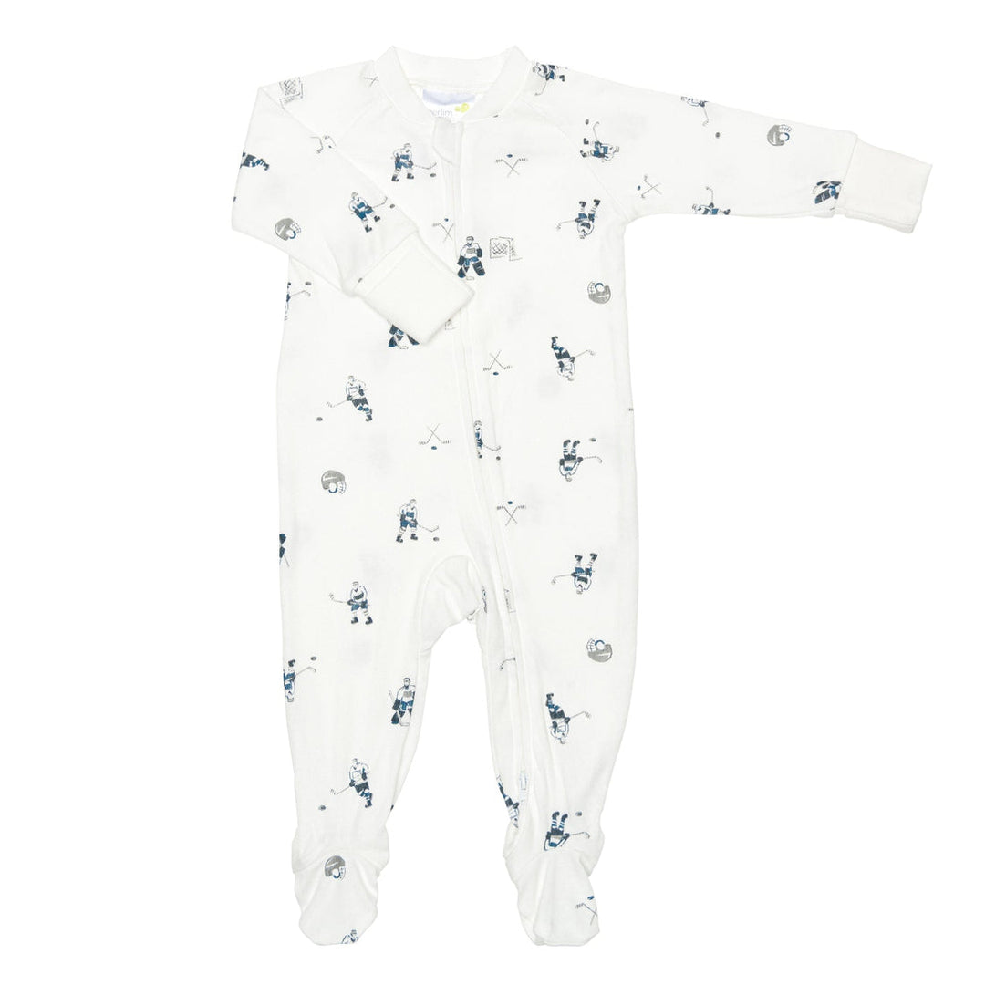 A white long-sleeve baby footed sleeper with a blue and gray hockey pattern on a white background.