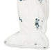 White knit footie of the sleeper closeup with hockey prints, shown against a plain white background.