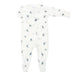A white long-sleeve baby footed sleeper with a blue and gray hockey pattern on a white background.