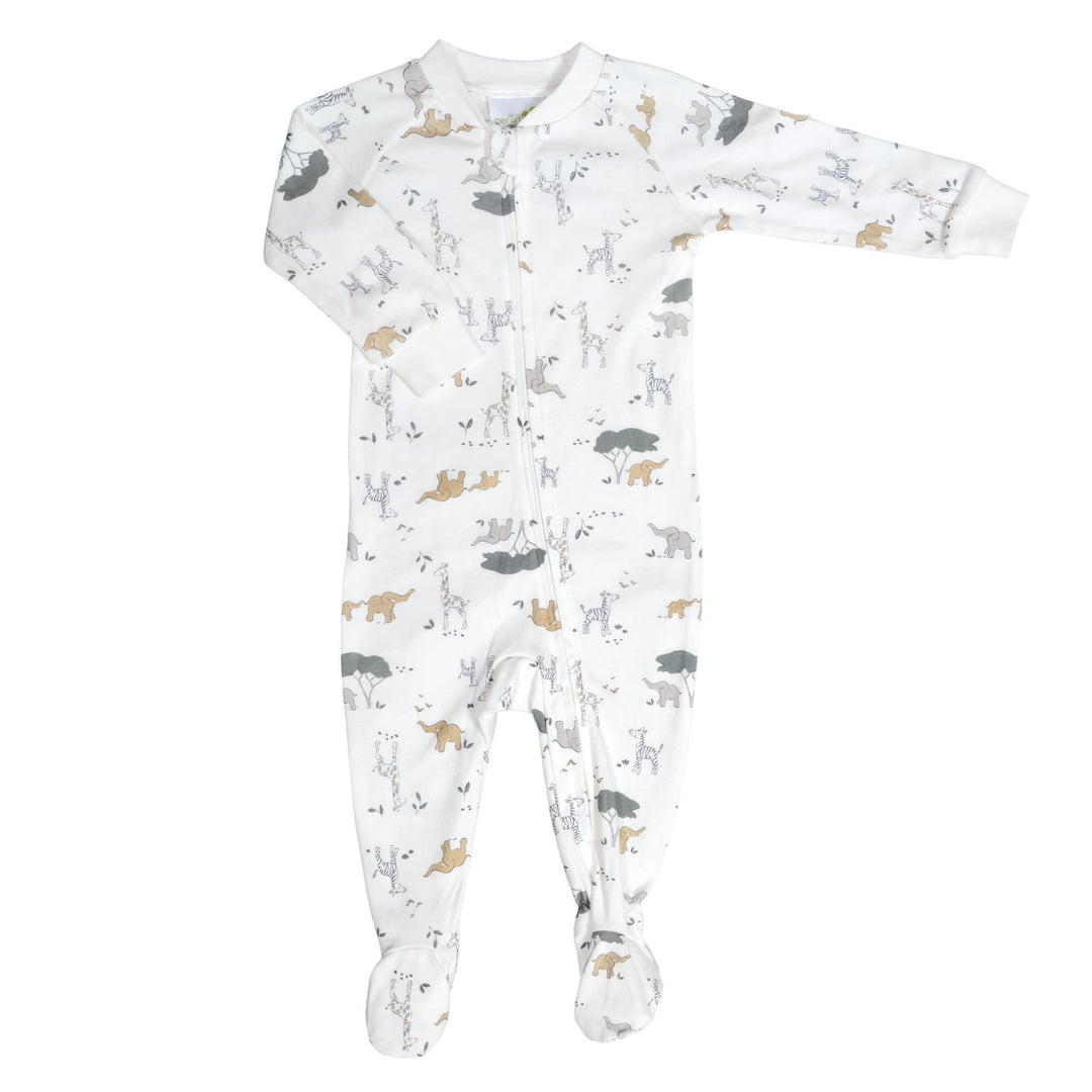 A long-sleeve baby footed sleeper in white fabric with an all-over animal print in gray, black, and tan, shown flat on a white background.