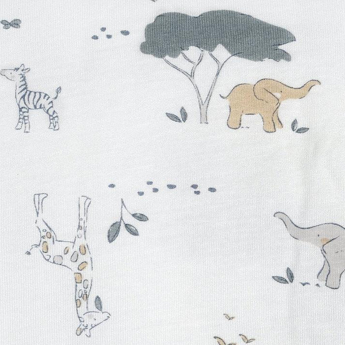 White fabric with a safari-themed print featuring a zebra, elephant, giraffe, and tree in muted gray, beige, and brown tones.