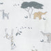 White fabric with a safari-themed print featuring a zebra, elephant, giraffe, and tree in muted gray, beige, and brown tones.