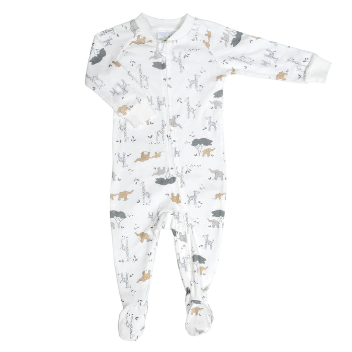 A long-sleeve baby footed sleeper in white fabric with an all-over animal print in gray, black, and tan, shown flat on a white background.