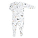 A long-sleeve baby footed sleeper in white fabric with an all-over animal print in gray, black, and tan, shown flat on a white background.