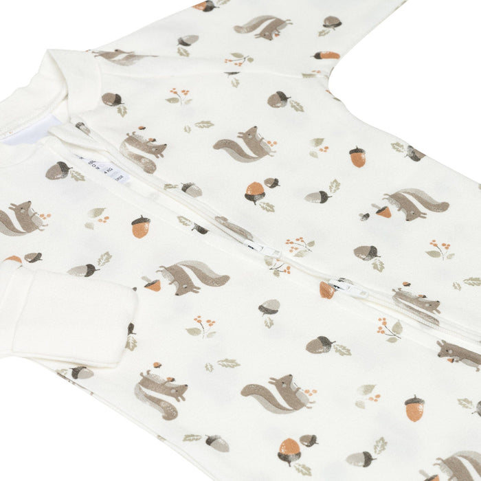 White baby sleeper pajama with cute squirrel and acorn print, bamboo fabric, zip closure