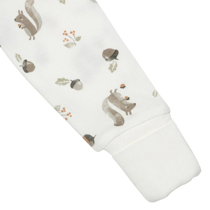 White baby sleeper sleeve with cute squirrel and acorn print pattern