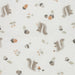 Neutral baby sleeper fabric with squirrels, acorns, leaves, and berries print on white background