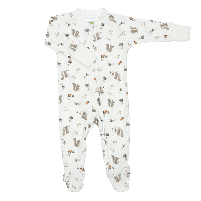 White bamboo baby sleeper pyjama with squirrel and acorn print, front zipper, long sleeves