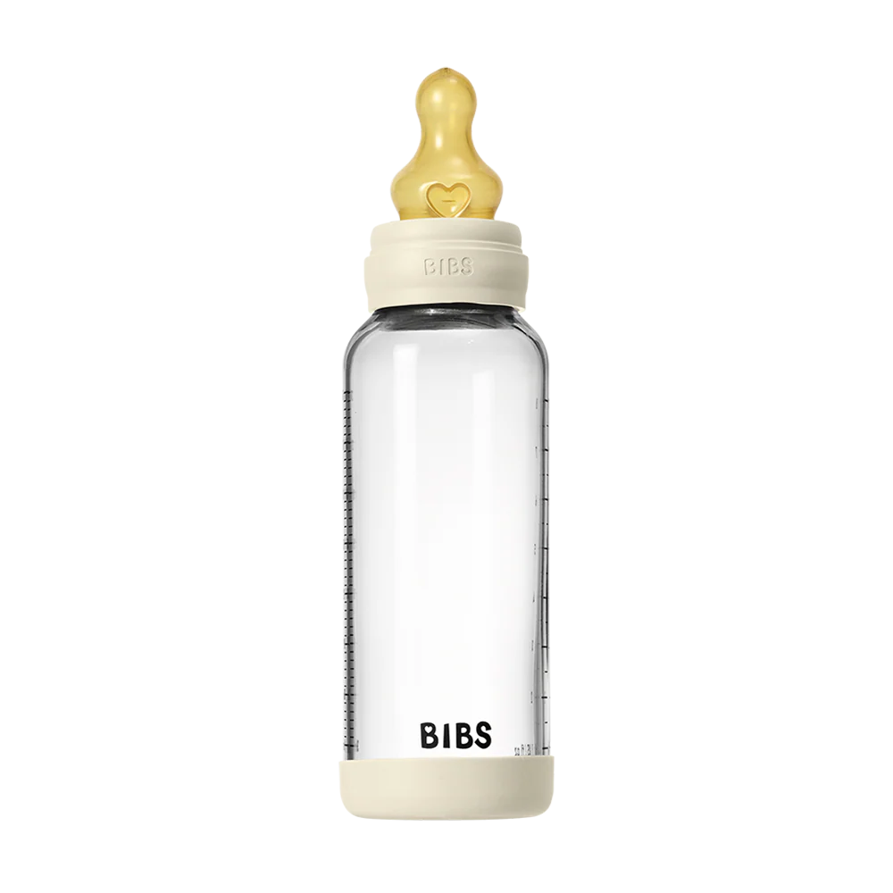 BIBS Baby Glass Bottle 240ml with ivory latex nipple shown upright on a white background.