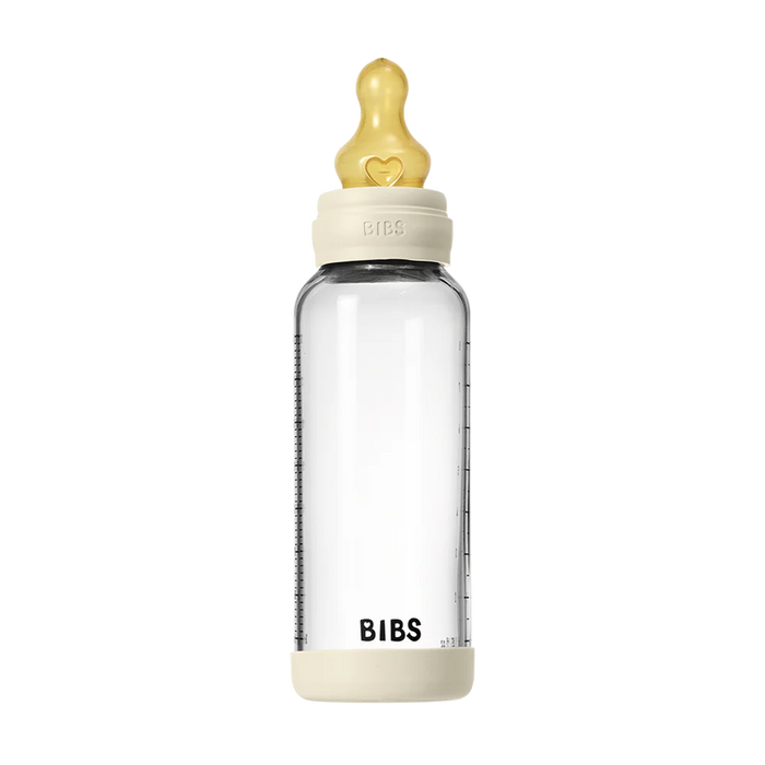 BIBS Baby Glass Bottle 240ml with ivory latex nipple shown upright on a white background.