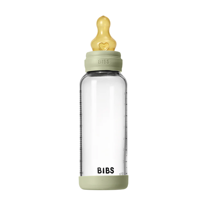 BIBS Baby Glass Bottle 240ml with latex nipple and sage green accents shown upright on white background.