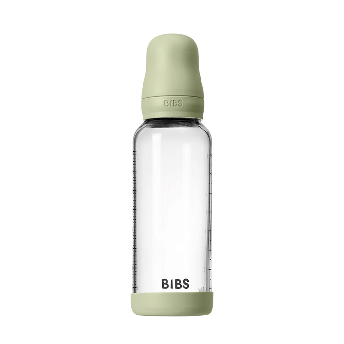 BIBS Baby Glass Bottle 240ml in sage with silicone cap and base, shown upright on white background.