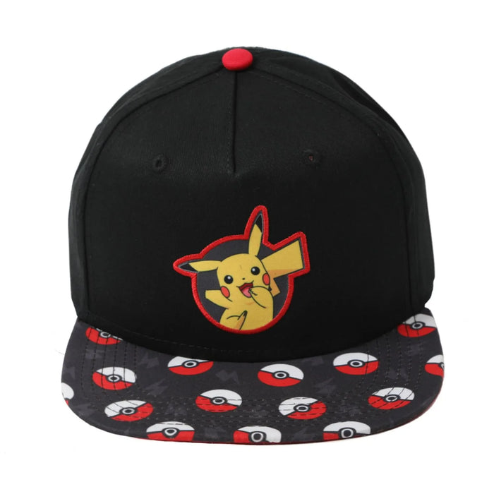 Bioworld Pokémon Pikachu snapback hat with Pikachu graphic and Poké Ball patterned brim, shown front view.