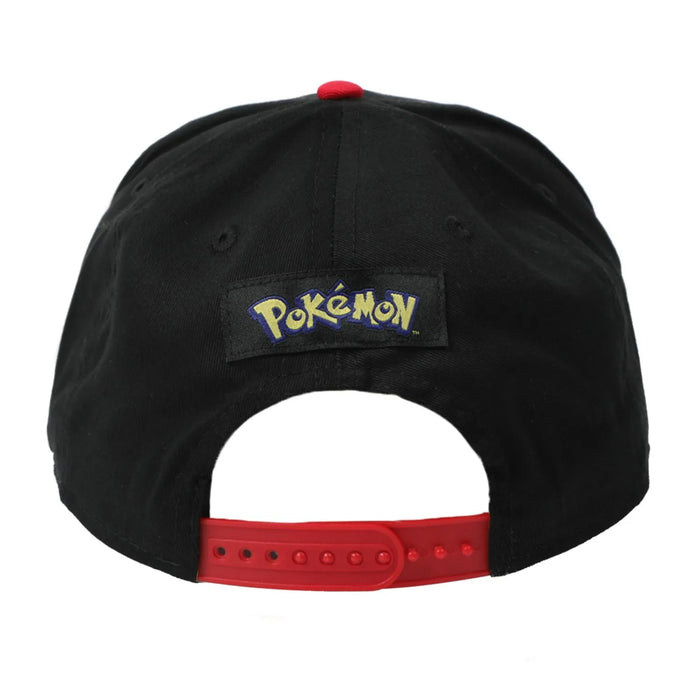 Pokemon Pikachu snapback hat shown from the back, featuring a red adjustable strap and logo patch.