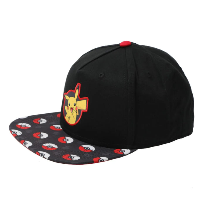 Bioworld Pokémon Pikachu snapback hat with Pikachu patch and Poké Ball patterned brim on white background.