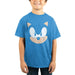 Sonic the Hedgehog face t-shirt in blue, worn by a smiling child against a white background.