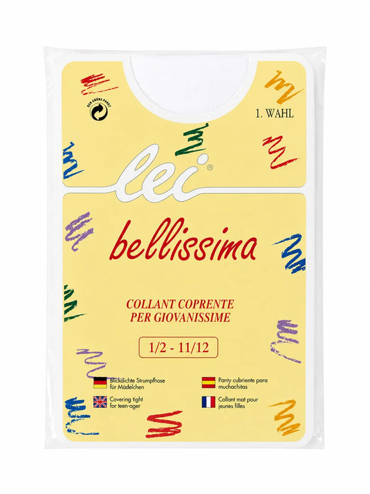Bellissima ecru white baby tights in retail packaging with colorful design accents.