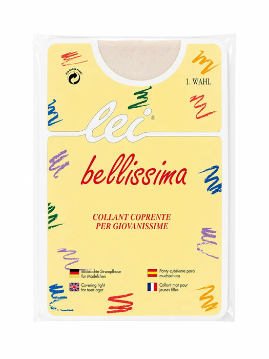 Bellissima ecru white baby tights in original yellow packaging with colorful accents.