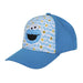 Sesame Street Cookie Monster ballcap in blue with character face and cookie print, displayed on a plain background.