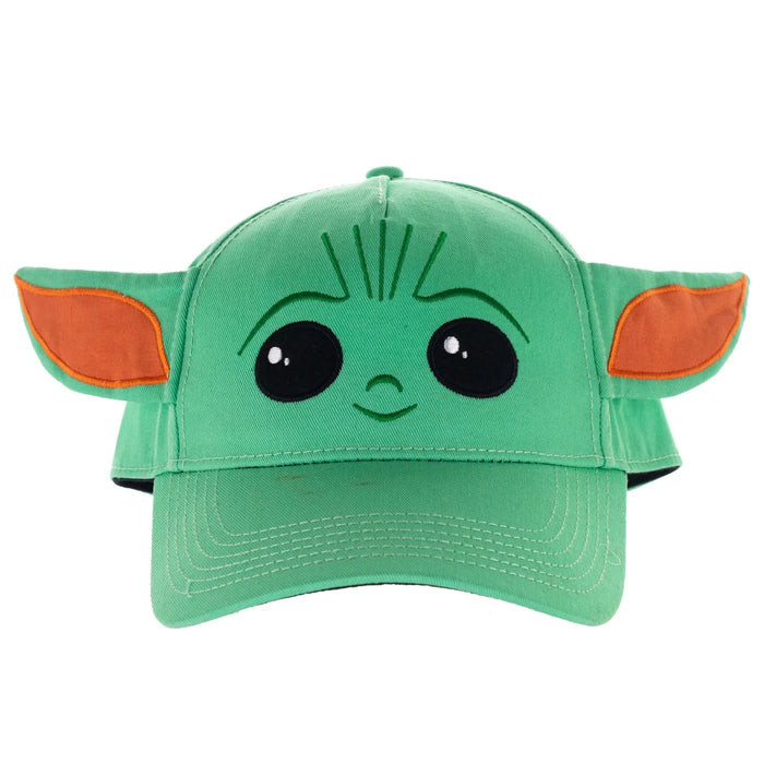 Bioworld Star Wars The Mandalorian ballcap featuring a green Baby Yoda face and 3D ears, front view.