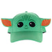 Bioworld Star Wars The Mandalorian ballcap featuring a green Baby Yoda face and 3D ears, front view.