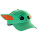 Bioworld Star Wars The Mandalorian ballcap featuring Grogu face and 3D ear details on white background.