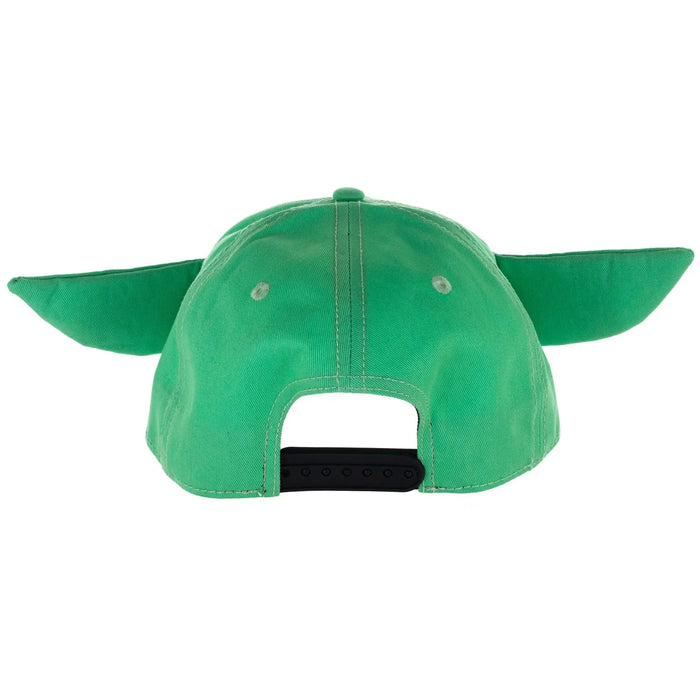 Bioworld Star Wars The Mandalorian ballcap shown from the back with green Yoda ears and snapback closure.