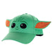 Bioworld The Mandalorian ballcap featuring a green Grogu face and 3D ears, displayed on white background.