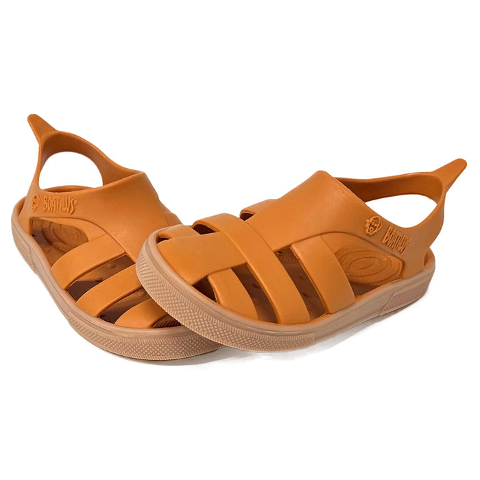 Boatilus Bioty kids sandals in tan, shown side by side on a white background.
