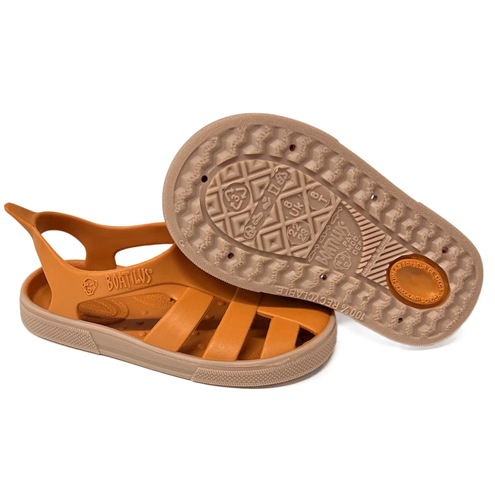 Boatilus Bioty kids' sandals in orange, shown with one sandal upright and one displaying the sole.