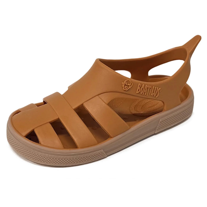 Boatilus Bioty kids’ sandal in tan color shown on a plain white background.