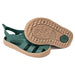 Boatilus Bioty kids sandals in green and beige shown from side and sole on white background.