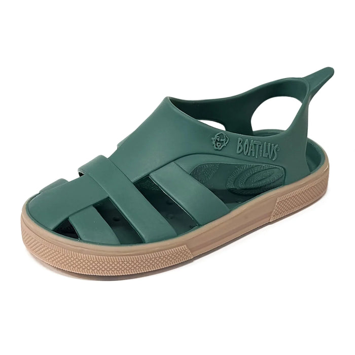 Boatilus Bioty kids sandal in green with tan sole, displayed on a white background.