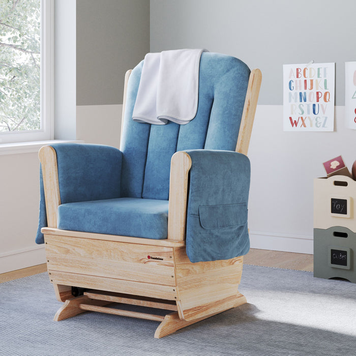 Foundations® SafeRocker™ Standard Wooden Glider Rocker with Blue Microfiber Cushions
