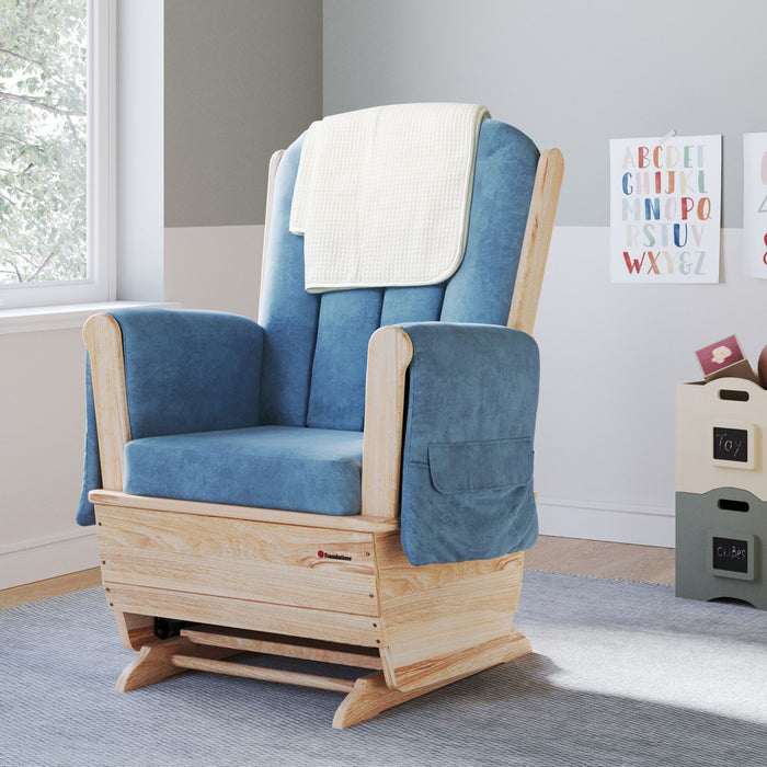 Foundations® SafeRocker™ Standard Wooden Glider Rocker with Blue Microfiber Cushions